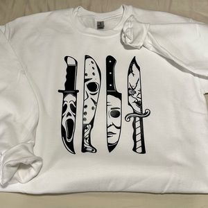 Gildan 18000 Unisex Sweater, Medium, White, Halloween Horror Movie Characters